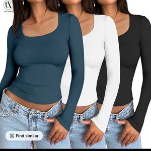 Long Sleeve Scoop Neck Slim-Fit Top - Teal, White, Black 3 pack